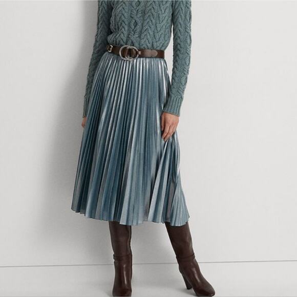 NEW Lauren Ralph Lauren Blue Metallic Pleated Chiffon Midi Skirt - Picture 3 of 15